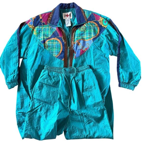 Vintage 80s Active Frontier Tracksuit Gold Turquoise Aqua Pink Women Windbreaker - Picture 2 of 9